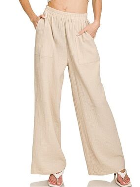Zenana Outfitters Beige Wide-Leg Textured Pants